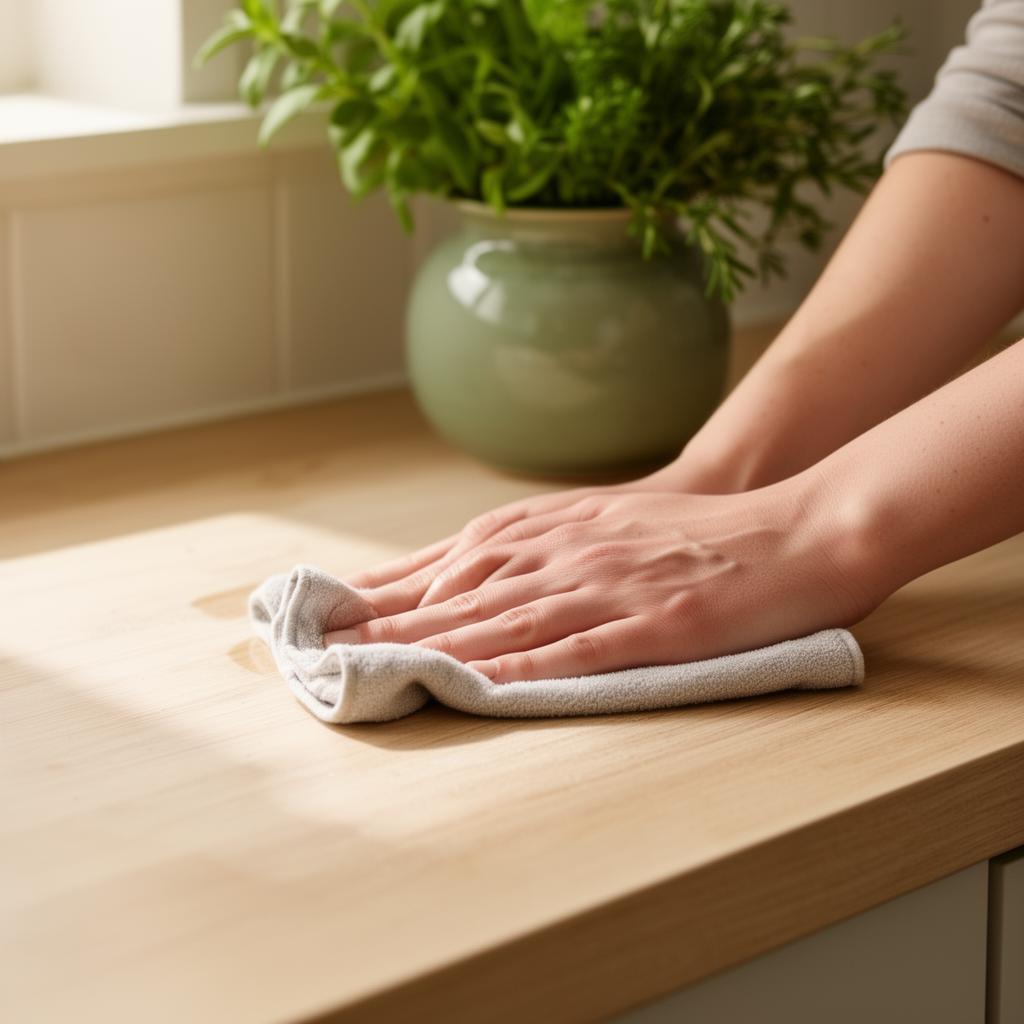 En städare torkar av en köksbänk i ett ljust kök